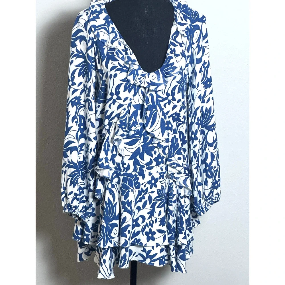 Free‎ People Rebecca Ruffle Cottagecore Dress Whimsy Blue White XS